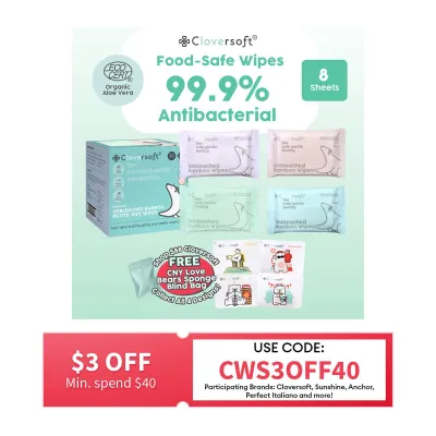 Cloversoft Plant-[20 Packs] Based Unbleached Bamboo 99.9% Antibacterial Organic Wet Wipes 8 Sheets