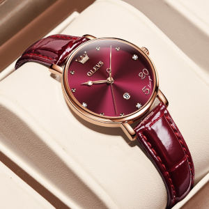 OLEVS 5505 Quartz Women Fashion Watch Gift Round-dial Genuine Leather Watchband Wristwatch Calendar