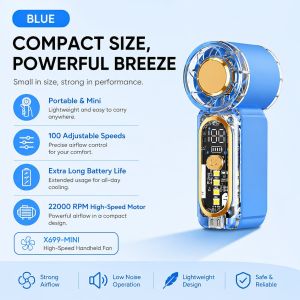 x699 Portable Handheld Fan with Digital Display Mini Transparent Mech High Wind Speed Fan
