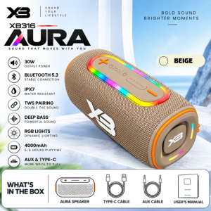 XB316 Aura Portable Bluetooth Speaker with RGB Dynamic Lighting 30W Output Power Bluetooth 5.3 TWS Pairing Black with Orange Accents