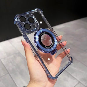 Magnetic MagSafe Stand Airbag Anti-fall Plating Clear Hard Phone Case For iPhone 17 16 15 14 Pro Max Plus 13 12 11 Pro Max XR Wireless Charging Phone Cover Transparent Shockproof Phone Casing Shell With Lens Films Full Cover Camera Protection