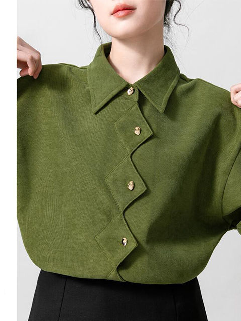 Green Polo Neck Long Sleeved Women's Fronted Placket Serrated Wave Design  Blouses Irregular Shirt 2025 Spring and Autumn Fashion Casual Shirts Trend 