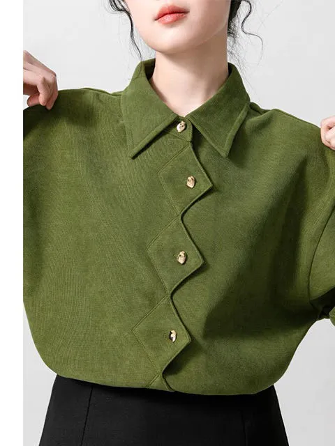 Green Polo Neck Long Sleeved Women's Fronted Placket Serrated Wave