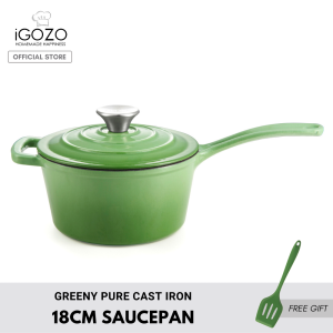 iGOZO Greeny Pure Cast Iron Cookware (18cm Saucepan / 26cm Casserole Pot / 26cm Frying Pan) [FREE Silicone Turner / Silicone Slotted Turner / Silicone Soup Ladle / Silicone Skimmer)