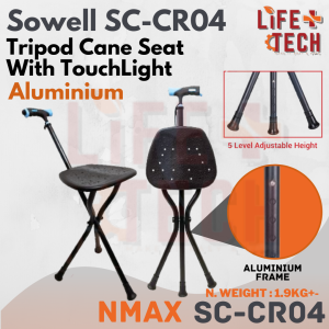 SOWELL Aluminium Tripod Cane Seat with LED Light & Shock-Absorbing Rubber Tips | Height Adjustable (Tall person can use)