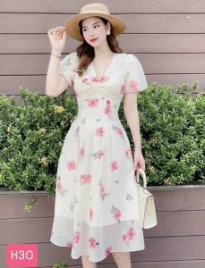 Đầm nữ thời trang mặc đi biển chất voan hoa cổ V tay ngắn ôm eo váy xoè hai lớp có lót cao cấp