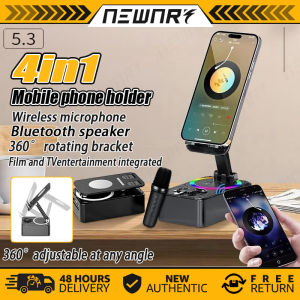 K98 mobile phone holder Bluetooth speaker power bank 3-in-1 multifunctional smart all-in-one machine with microphones  Built-in Mobile Phone Holder with 1/2 Wireless Microphone and LED Light Function