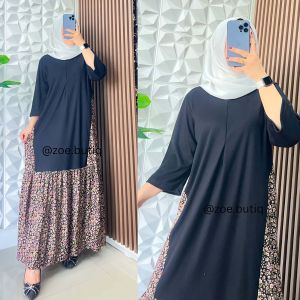 Zoe77 Gamis Knit kombinasi motif bunga size jumbo model terbaru kekinian Busui Frendly Lucia