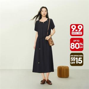 Giordano Women Beaded keyholes round neck tie waist dress Free Shipping 18466316
