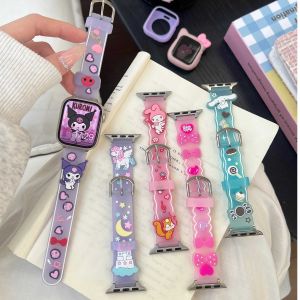 Cartoon Sanrio Hello Kitty Apple Watch Strap Cute Cinnamoroll Kuromi Melody 38 40 42MM Apple Silicone Print Strap Girl Gifts