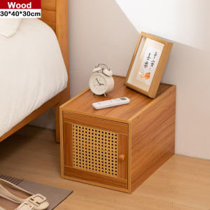 HomeFurni Nordic Style Solid Wood Nightstand Rattan Bamboo Living Room Corner Cabinet Small Family Bedroom Bedside Table Locker