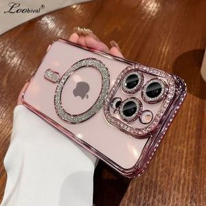 Glitter Diamond for Magsafe Case For iPhone 15 14 13 Pro Max Plus 11 12 Transparent Bling Rhinestone Camera Protector Soft Cover