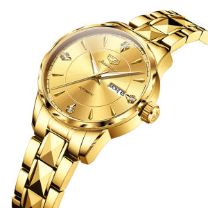 JSDUN 8975 Mechanical Fashion Women Watch Gift Round-dial Stainless Steel Watchband Wristwatch Week Display Calendar