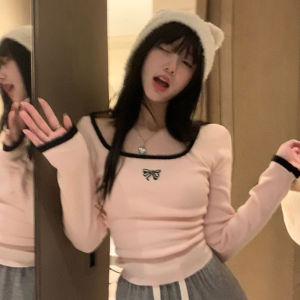 Blouses for Women Korean Style 2024 Contrast Color Crop Tops Long Sleeve U-Neck Sweet T-shirt Streetwear