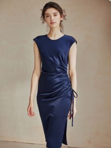 Đầm body lụa hàn cao cấp giấu bụng xanh đen