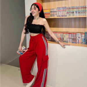 TT19 [งานกระแส] กางเกงคาร์โก้ผู้หญิง เอวสูง ขายาวแถบข้าง ทรงเท่ห์ๆ เป็นเอวยางยืด ดีไซส์สวย เนื้อผ้าวูลเวฟ ใส่สบาย