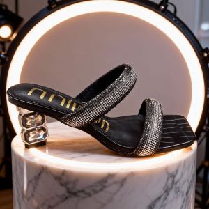 [Free Shipping] Large Size Rhinestone Thick Heel Sandals Square Toe Ultra High Heel Non-Slip Slippers