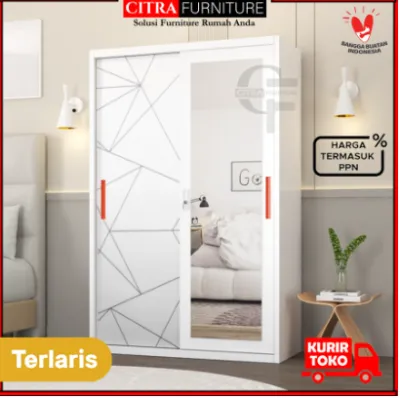Lemari Pakaian Besi 2 Pintu Sliding Jumbo Cermin|LP Baju Sleding Kaca