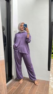 Kakeko piyama batwing berkerah rayon twill set celana lengan panjang warna polos