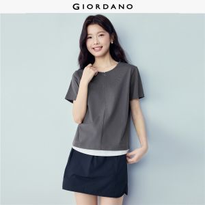 Giordano Beau Monde Women T-Shirt 100% Cotton Round Neck Short-Sleeve Colorblock Zip Regular-Fit Slight Stretch Free Shipping 13326272