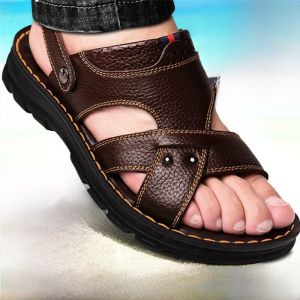 228Plover Handmade Leather Sandals Mens Cal Beach Shoes Breathable Slip-On Flat Heel Anti-Slip Wear-Resistant Summer Sandals