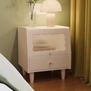 Solid Wood Bedside Table Long Rainbow Glass Modern Simple Bedroom Small French Cream Style White Bedside Table Locker