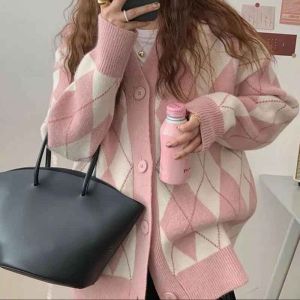Sweter Rajutan Lengan Panjang Atasan Rajutan Longgar Kerah V Kotak-kotak Retro Wanita
