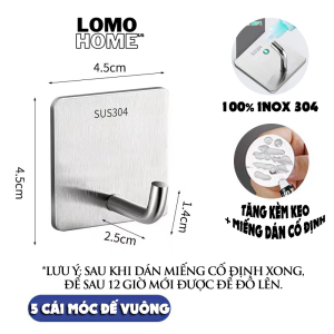 Bộ 5 Móc dán tường chịu lực inox 304 LOMO móc treo tường siêu dính treo đồ đa năng tặng kèm keo và miếng dán cố định