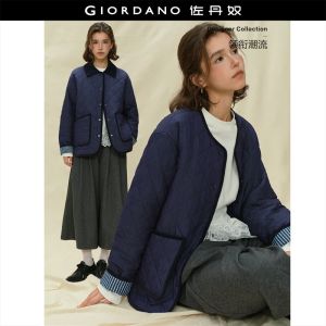 Giordano Detachable Corduroy Collar Plaid Cotton Blend Jacket - quilted checkered fabric (durable) detachable corduroy collar (versatile) striped sleeve lining (fashionable) 18375616