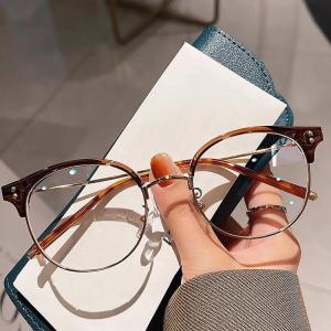JN IMPRESSION Retro Personality Cold Brown Plain Glasses Fashion Oval Half TR90 Metal Frame Blue Light Blocking Glasses