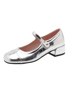 G7 Sheepskin Version ~ French Style Silver Mary Jane Shoes for Women Chunky Heel Style Round Toe Velcro Shallow Mouth Matching Dress Shoes 7/7