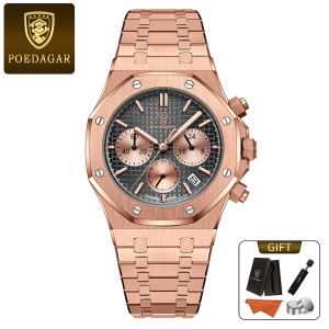 Poedagar Đồng hồ nam chính hãng dây đeo bằng thép không gỉ lịch đa chức năng 100% chống thấm nước Đồng hồ thạch anh 926