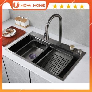 Chậu rửa thác nước KOREA rửa bát 1 hố lớn bồn rửa chén INOX 304 cao cấp phủ nano kèm vòi rút đa năng xả thác nước 3 chế độ (không hiển thị nhiệt độ nước) - Bảo hành 5 năm