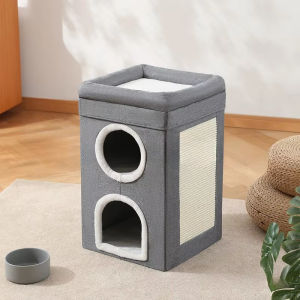 Cat Beds with Scratcher Large Washable Cat Cave for Pet Cat House with Fluffy Ball Hanging and Scratch Pad Removable Foldable Semi-closed Cat Hideaway Grey Pet Sleeping Bed