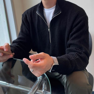 Korean style trendy zipper lapel long sleeved sweater mens loose solid color knitted sweater top