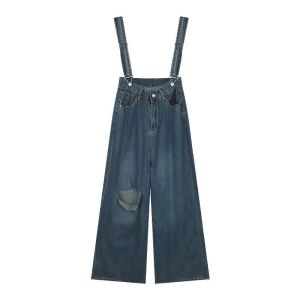 ST363 M-XL Women Jeans Jumpsuit Long Pant Vintage Ripped Denim Wide Leg Girl Jumpsuits Long Pants