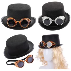 RANZH Vintage Black Steampunk Men Hat With Eyeglasses Magician Hat Cosplay Jazz Hat Carnival Non-woven Fabric Retro Gothic Hat Costume Party