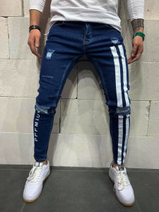 Quần Jean Skinny Rách W&PA Trang trí Sọc Hình học Họa tiết Chữ Slim Fit Quần Jean Nam Phong cách Quần Jogger Biker Denim Rách Co Giãn Thời Trang Nam