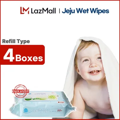 (Official Store) | (4-box) Jeju Wet Wipes 40packs (80 sheets per pack) | Refill type(no hard cap) | Expiry: Sep 2027 or later | Baby wipes | No harmful chemical | EWG safe ingredients | 50gsm per sheet