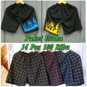 PAKET USAHA 100 Ribu Dapat 14 Pcs Celana Pendek Api & Tartan /Celana Pria Wanita Terlaris