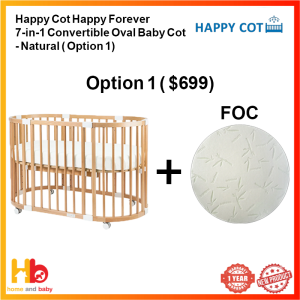 Happy Cot Happy Forever 7-in-1 Convertible Oval Baby Cot - Natural / White (FREE 4" Happy Cot Anti Dust Mite Round Foam Mattress 66cm )