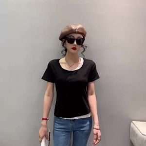 Ammin 2024 mùa hè đơn giản cổ tròn thời trang cá tính màu đen và trắng phù hợp với tay ngắn cotton áo thun nữ phong cách Hàn Quốc giả hai áo blouse thanh lịch giản dị