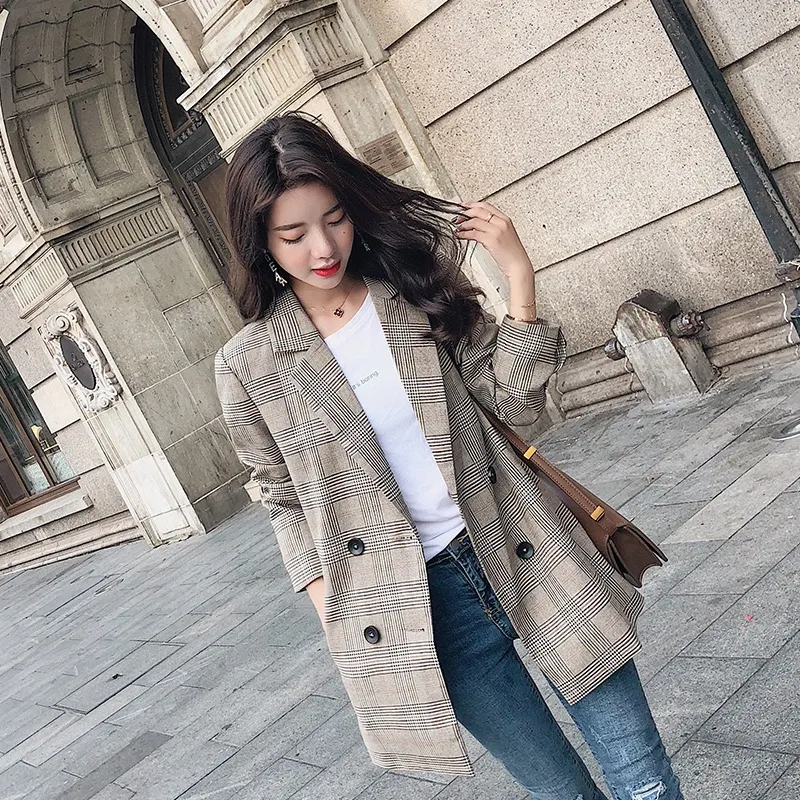 Women Khaki Plaid Blazer Jacket Spring Autumn Fashion Casual Elegant Slim Office Work Suit Coat Outwear with Lining Lazada PH