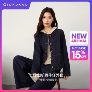 Giordano Beau Monde Women Topstitch double pockets round neck denim jacket Free Shipping 13376803