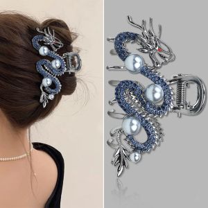 5210A Simple Blue Dragon Hairpin Zodiac Blue Dragon with Pearl Fashion Alloy Metal Hair Claw Women