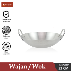 ROSH Wajan Anti Karat 30 - 80 CM Stainless Steel Super Wok Twin Handle ROS-SW Chrome