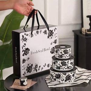 Lunch Box Geometric Pattern-Mangkuk Seramik Dengan Tutup Gred Makanan Selamat untuk Microwave Bekas Kedap Udara KitchenwareCutlery