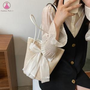 กระเป๋าถือชายหาดโครเชต์สตรีกระเป๋าสะพายไหล่ผู้ชายสานผูกโบว์พับได้พร้อมหลอดฤดูร้อนของผู้หญิงกระเป๋าถือชายหาด Bag2024ในชีวิตประจำวัน