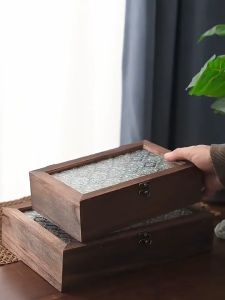 Retro Solid Wood Begonia Flower Glass Desktop Storage Decorative Box Sorting Flipping Wooden Makeup Table Storage Box