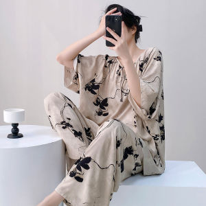 New Spring Soft Cotton Silk Pajamas for Womens Summer Thin Large Size Middle Sleeve Long Pants Sleepwear Two Piece Set Casual Home Clothing Set